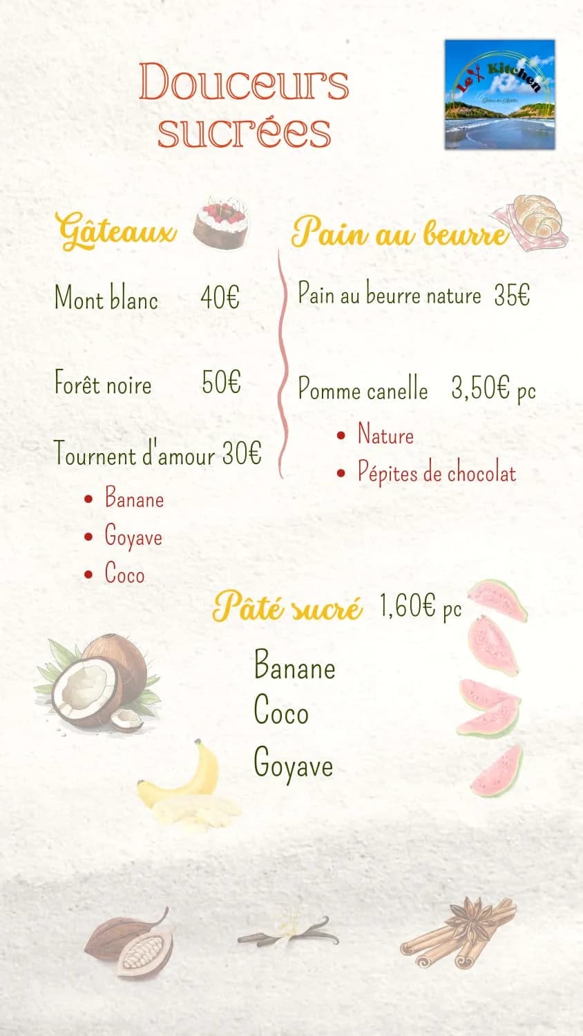 Menu douceurs sucrées antillaises : tourment d'amour, pain au beurre, pâté sucré Le X Kitchen